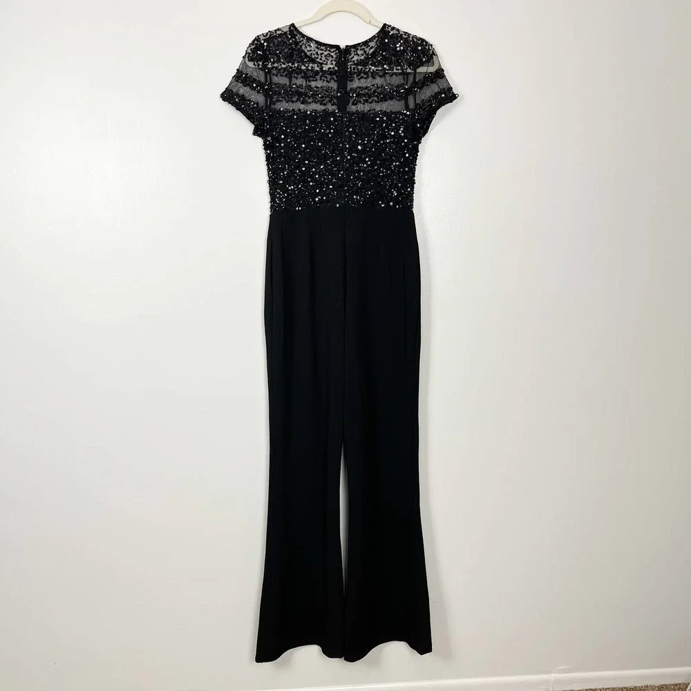 NWT Adrianna Papell Black Short Sleeve Illusion Sequin Bodice Jumpsuit Size 4 - Picture 7 of 12